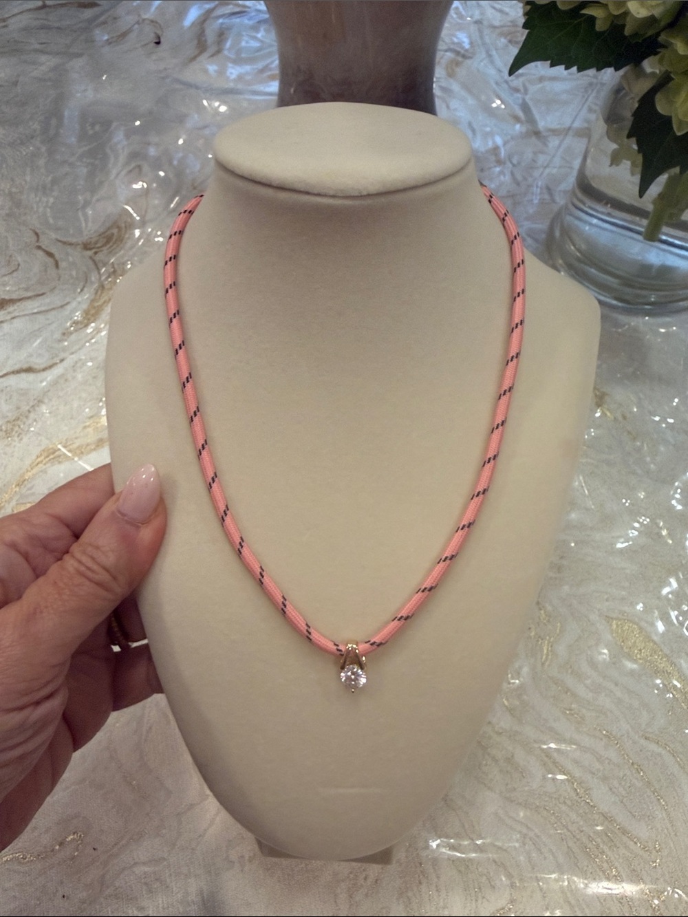 Pink Rope Necklace with Crystal Pendant